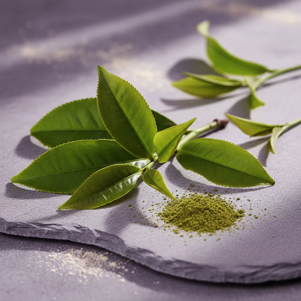 Fresh green tea leaves macro shot - green tea extract food supplement